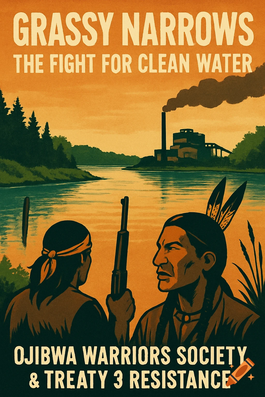 Vintage protest poster depicting two indigenous figures by a river with a factory, with text about Grassy Narrows and clean water.