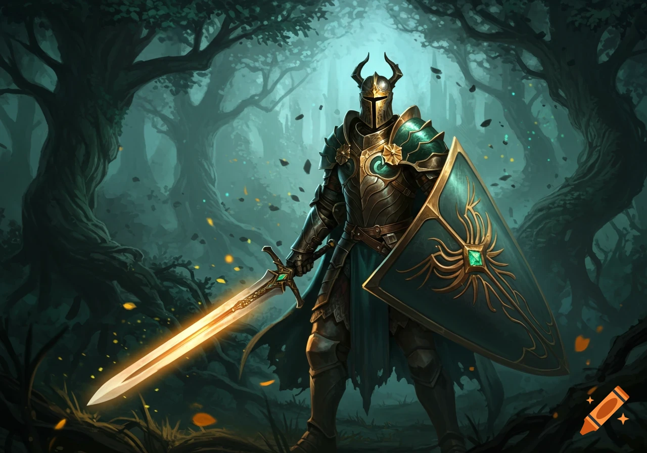 A knight in ornate armor with a glowing sword and shield stands in a mystical forest.