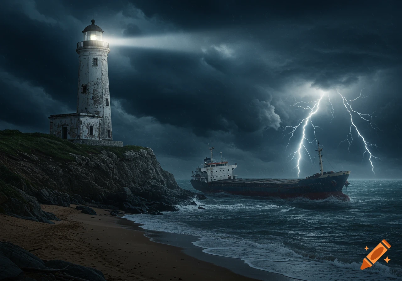 A lighthouse on a cliff illuminates a stormy sea where a cargo ship is grounded on a beach, under a sky with lightning.