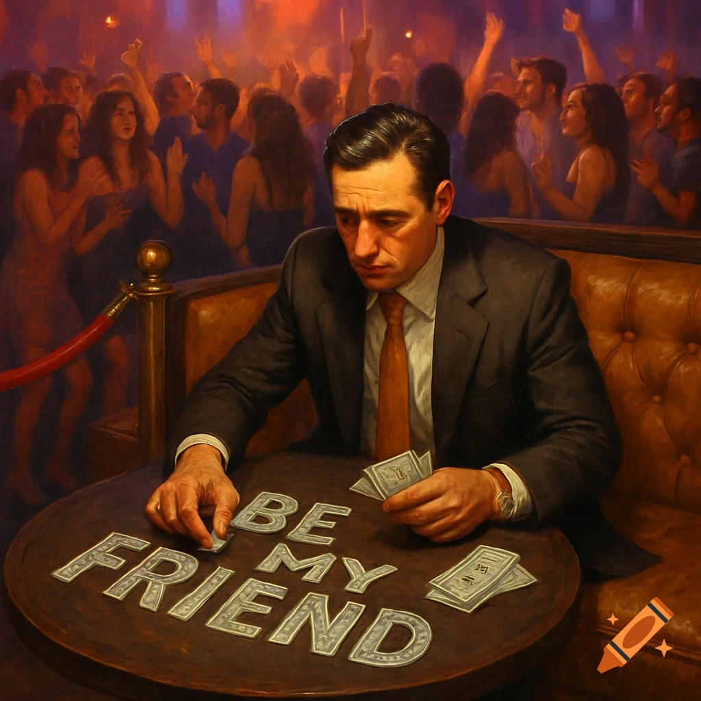 Man in suit spells out 'BE MY FRIEND' with letters on a table in a crowded, blurry club, painting style.