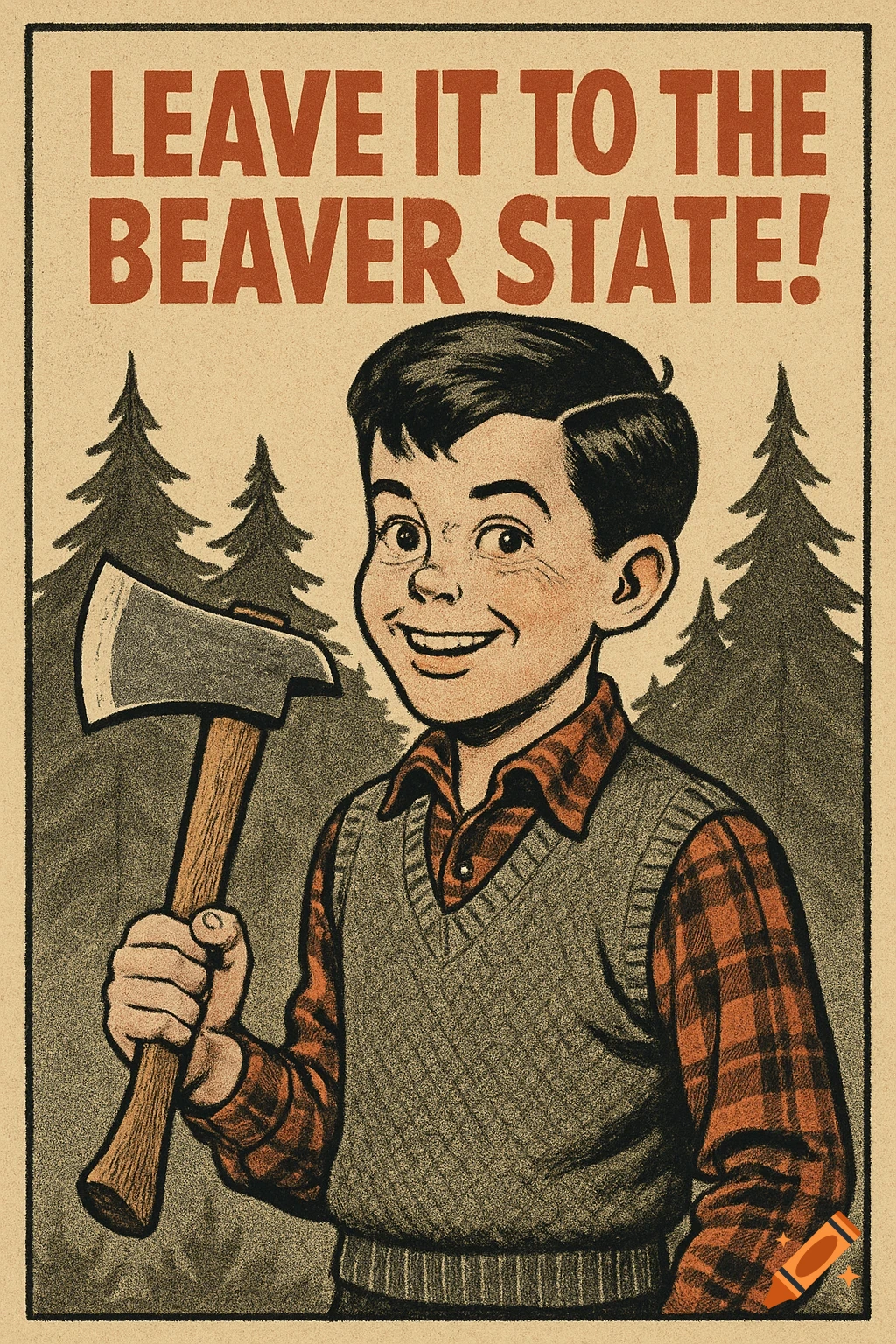 Vintage poster illustration of a boy with an axe and pine trees saying 'Leave It to the Beaver State!'