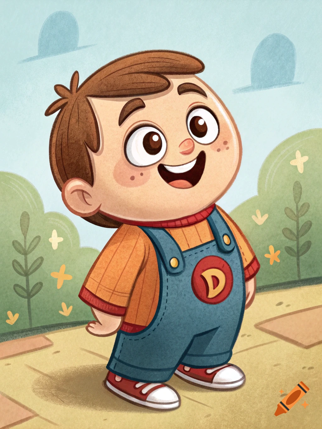Cartoon illustration of a boy in overalls standing in a park