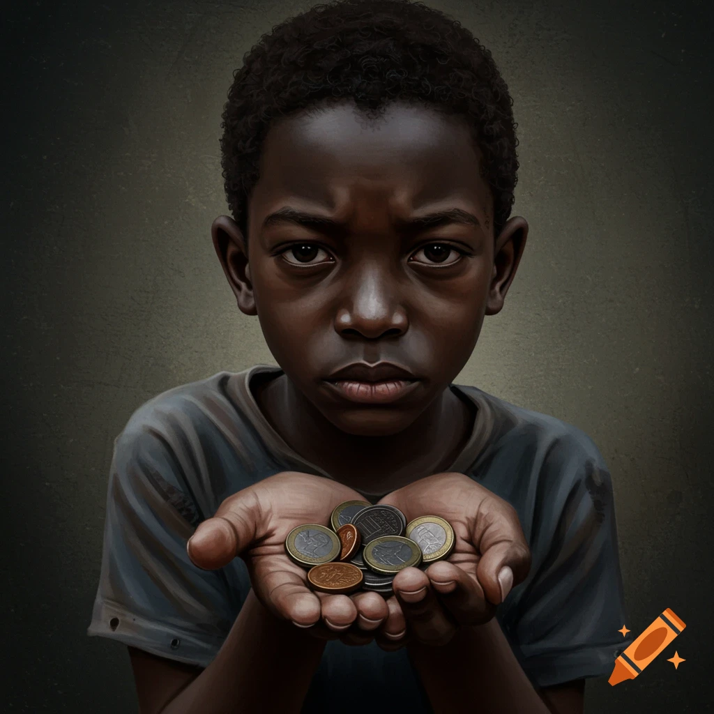 Realistic portrait of a young boy holding coins