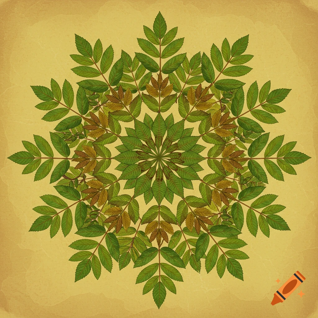 Mandala pattern made of green and brown leaves on a textured background.