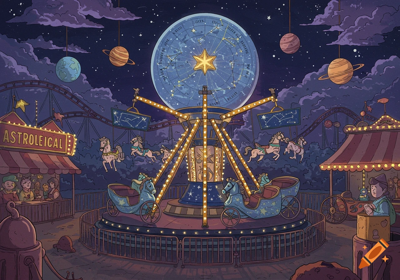 An illustration of an astrology-themed amusement park ride at night, with hanging planets and constellations in the sky.