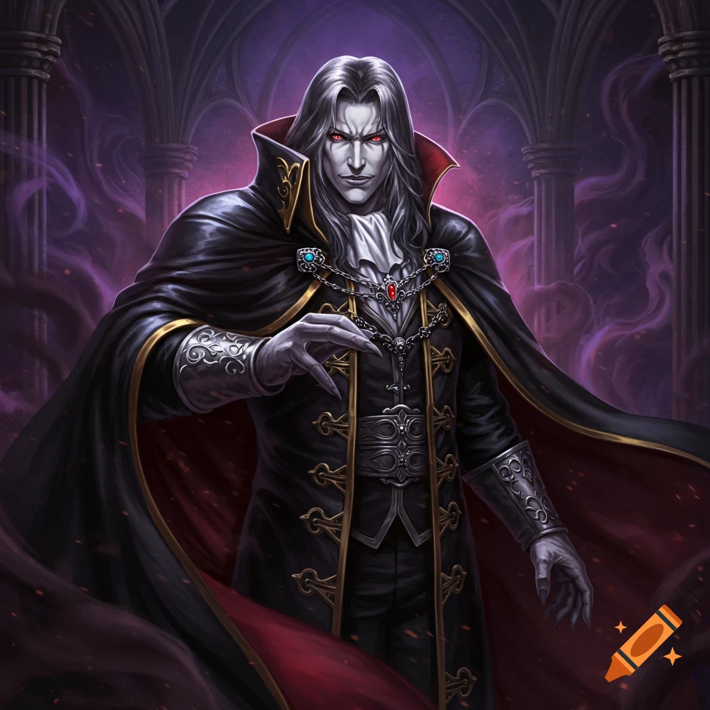 Illustration of a gothic vampire with long white hair, red eyes, and a black coat standing in a dark cathedral.