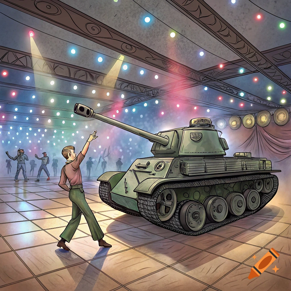 Man in 70s clothing dances with a tank on a disco floor under colorful lights, with other stylized dancers in background. Illustration.