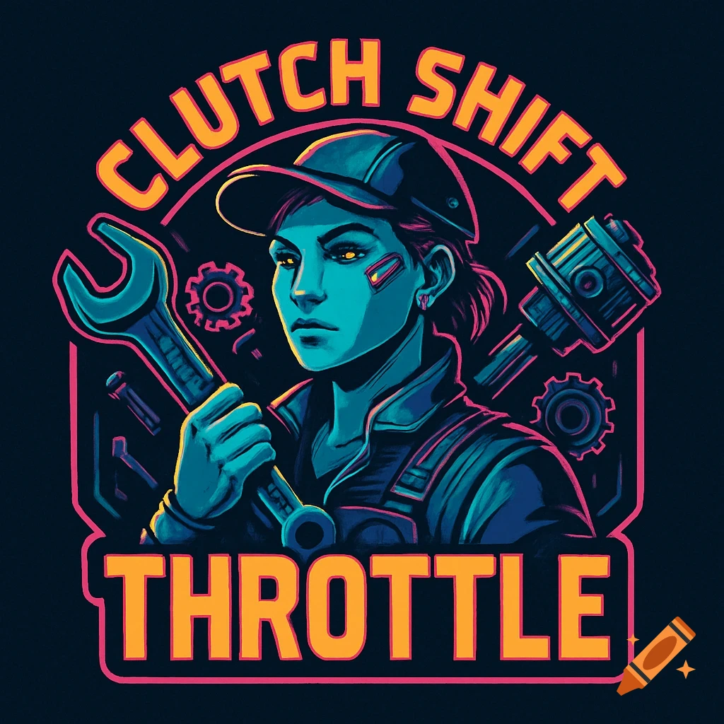 Cyberpunk mechanic logo with woman holding wrench and text 'CLUTCH SHIFT THROTTLE'