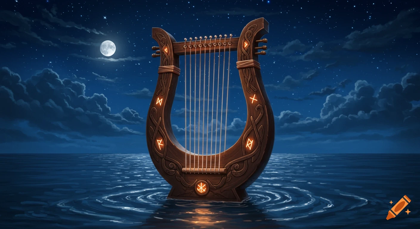 A wooden lyre with glowing symbols floats on the dark sea under a starry night sky with a full moon.