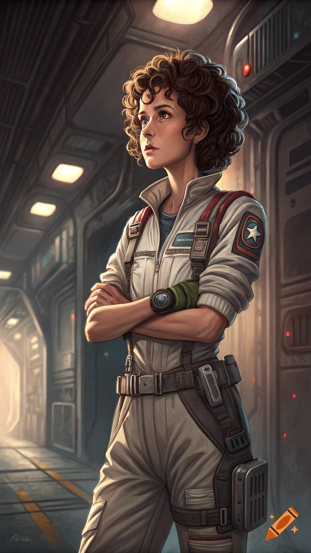 Portrait of a woman with curly brown hair in a sci-fi jumpsuit standing in a spaceship corridor.