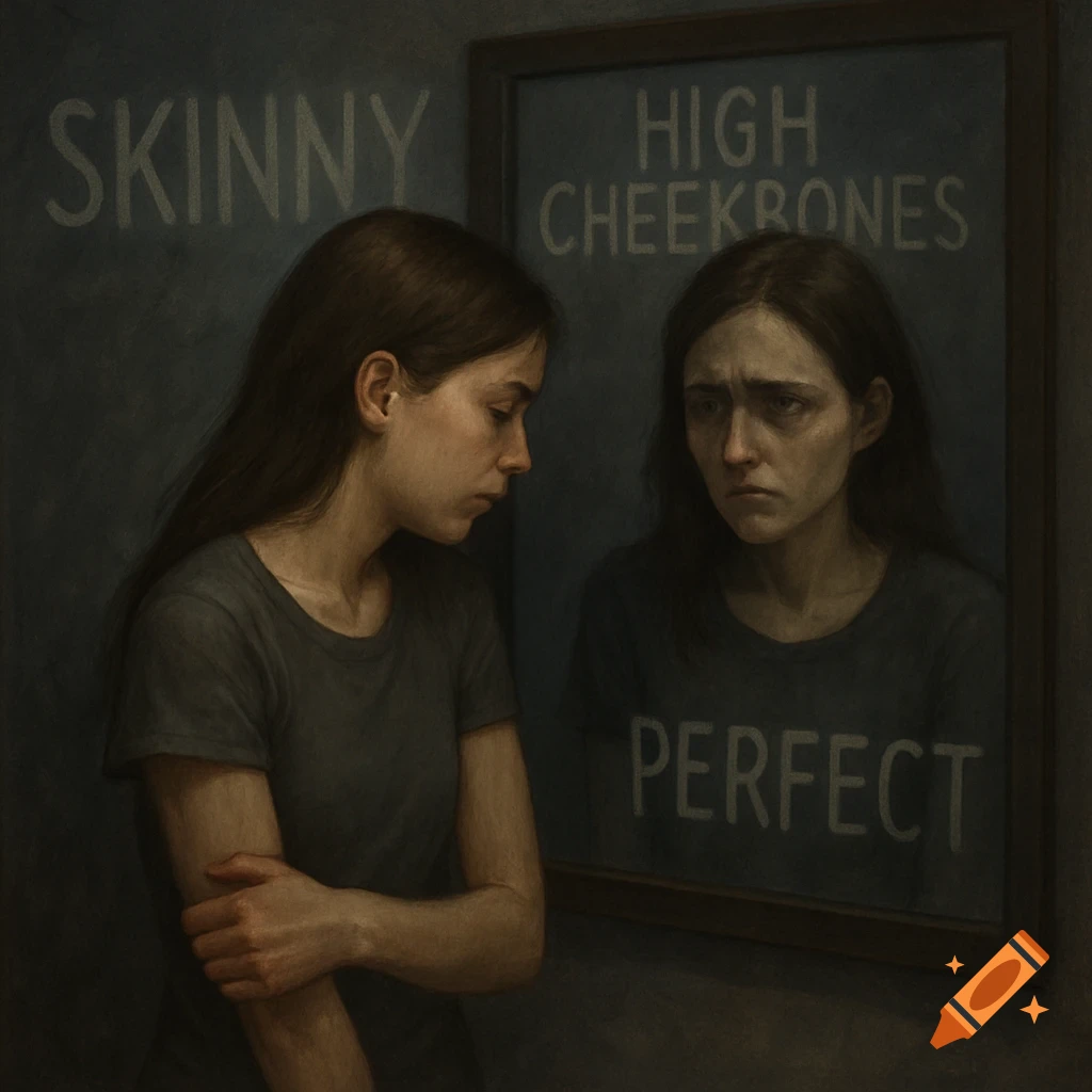 Woman looks in mirror at distressed reflection with words 'SKINNY', 'HIGH CHEEKBONES', 'PERFECT' around her.