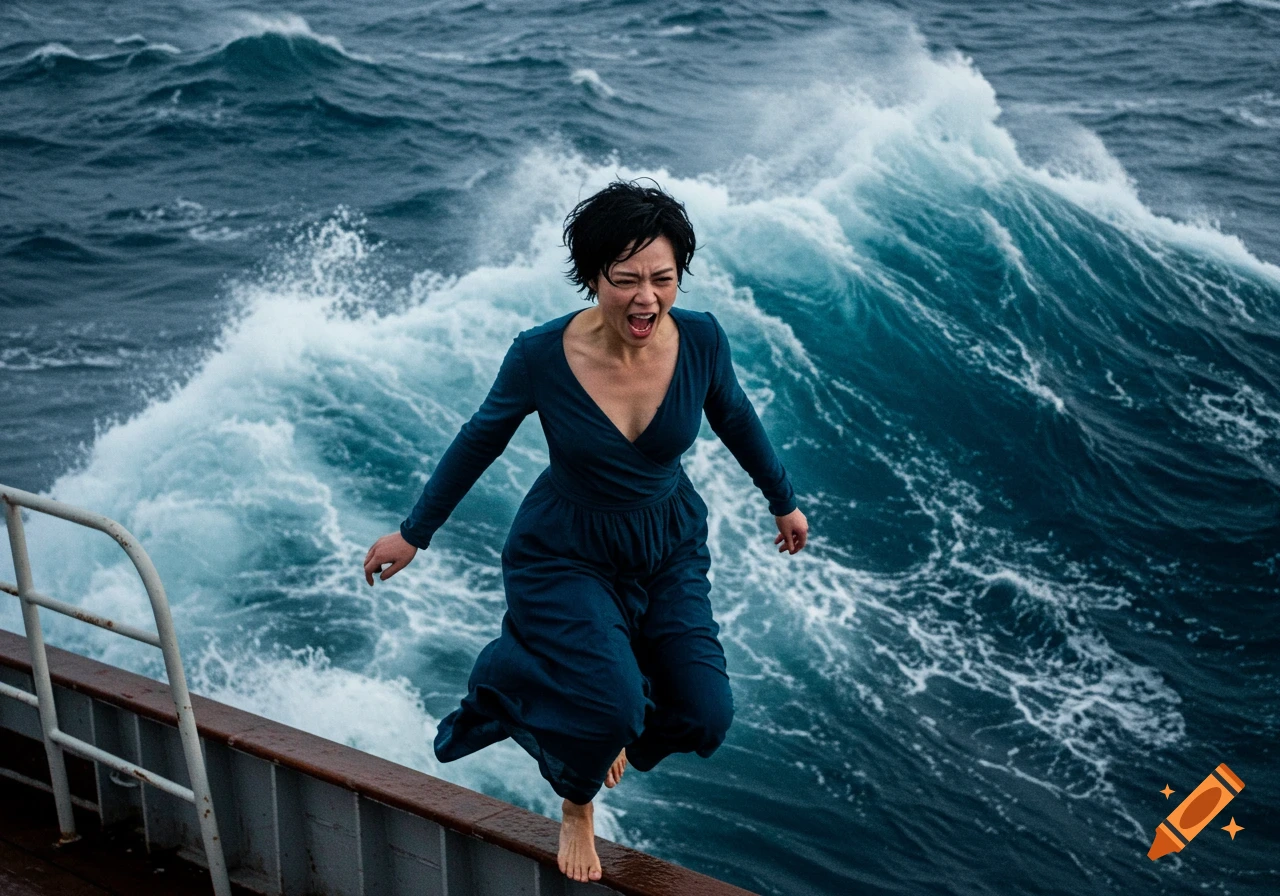 A woman in a blue dress jumps from a boat into a stormy sea, screaming.