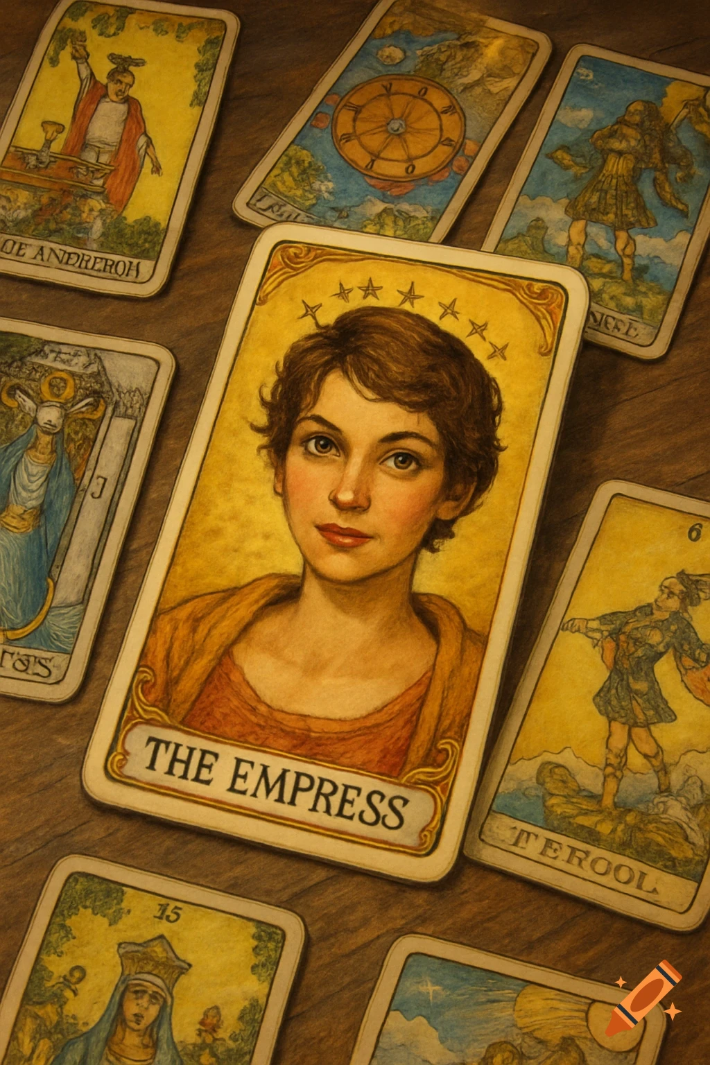 Close up of several tarot cards on a table. The central card is 'The Empress' featuring a portrait of a short-haired woman.