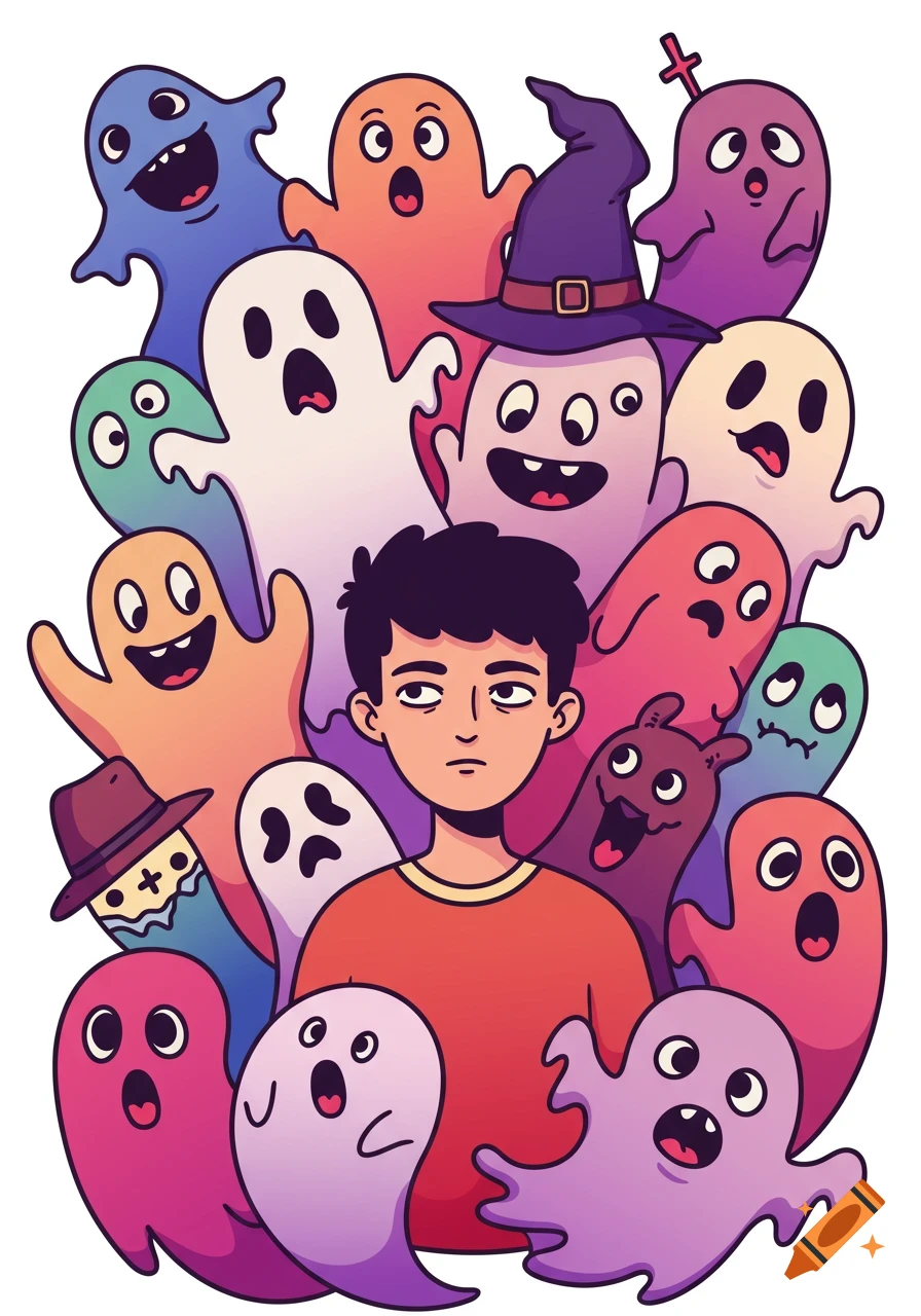 A person looks tired while surrounded by many colorful, funny cartoon ghosts.