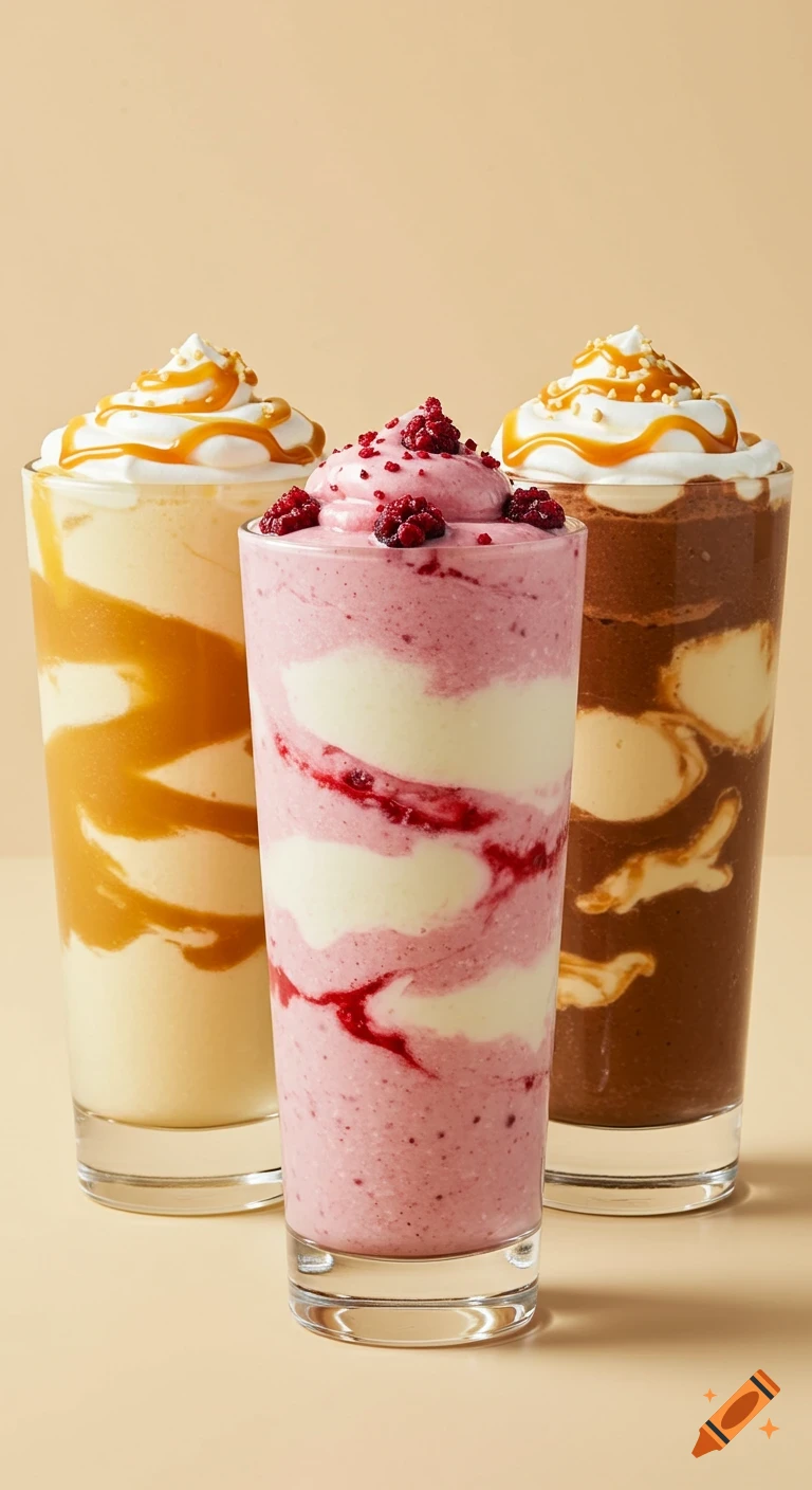 Three layered smoothies or milkshakes in glasses with toppings on a peach background.