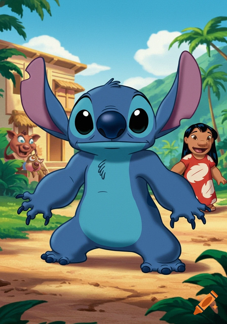 Stitch and Lilo stand together in a tropical outdoor scene.