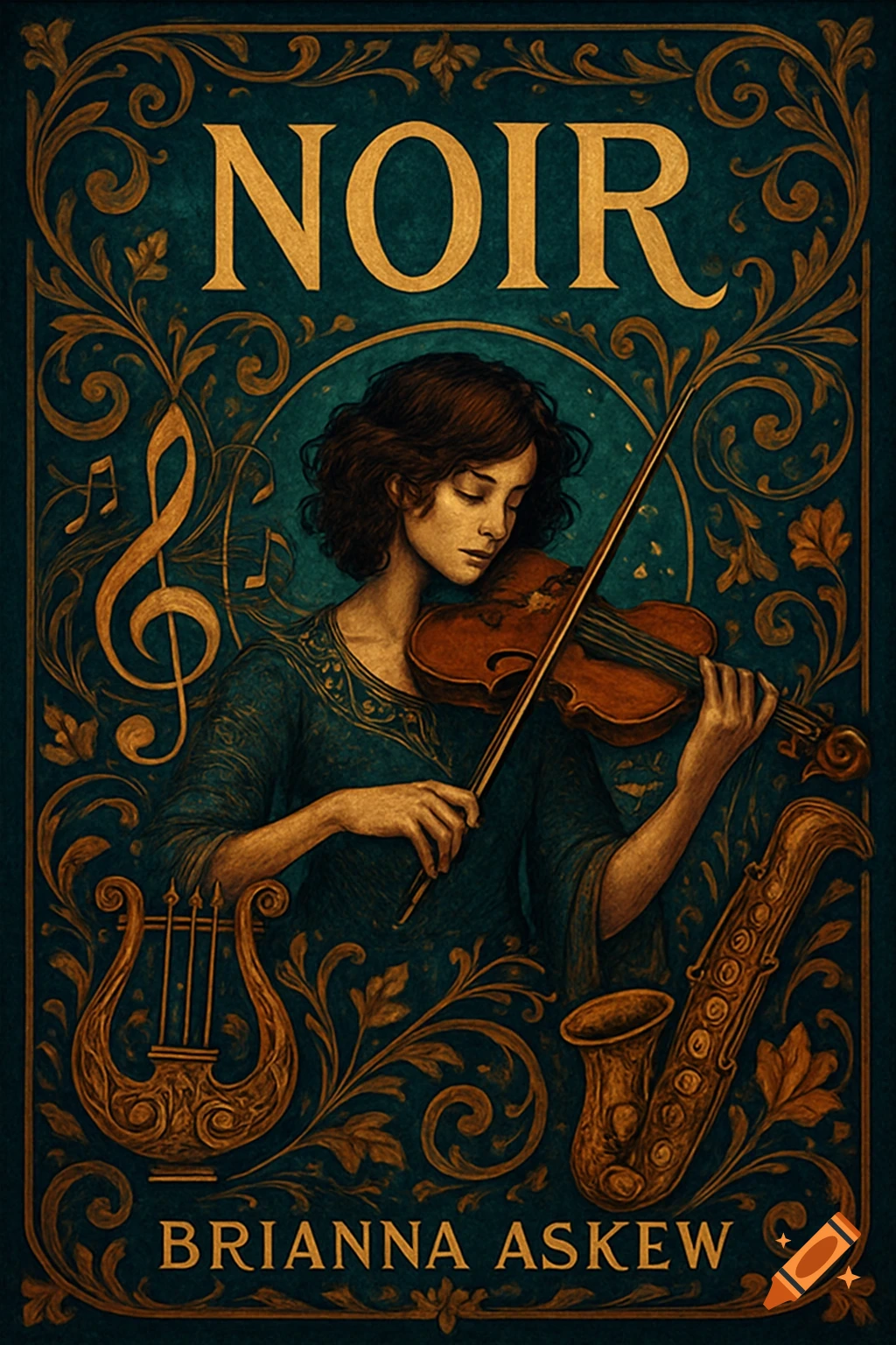 A woman playing a violin on a vintage-style book cover with ornate musical and floral motifs. Text reads "NOIR" and "BRIANNA ASKEW".