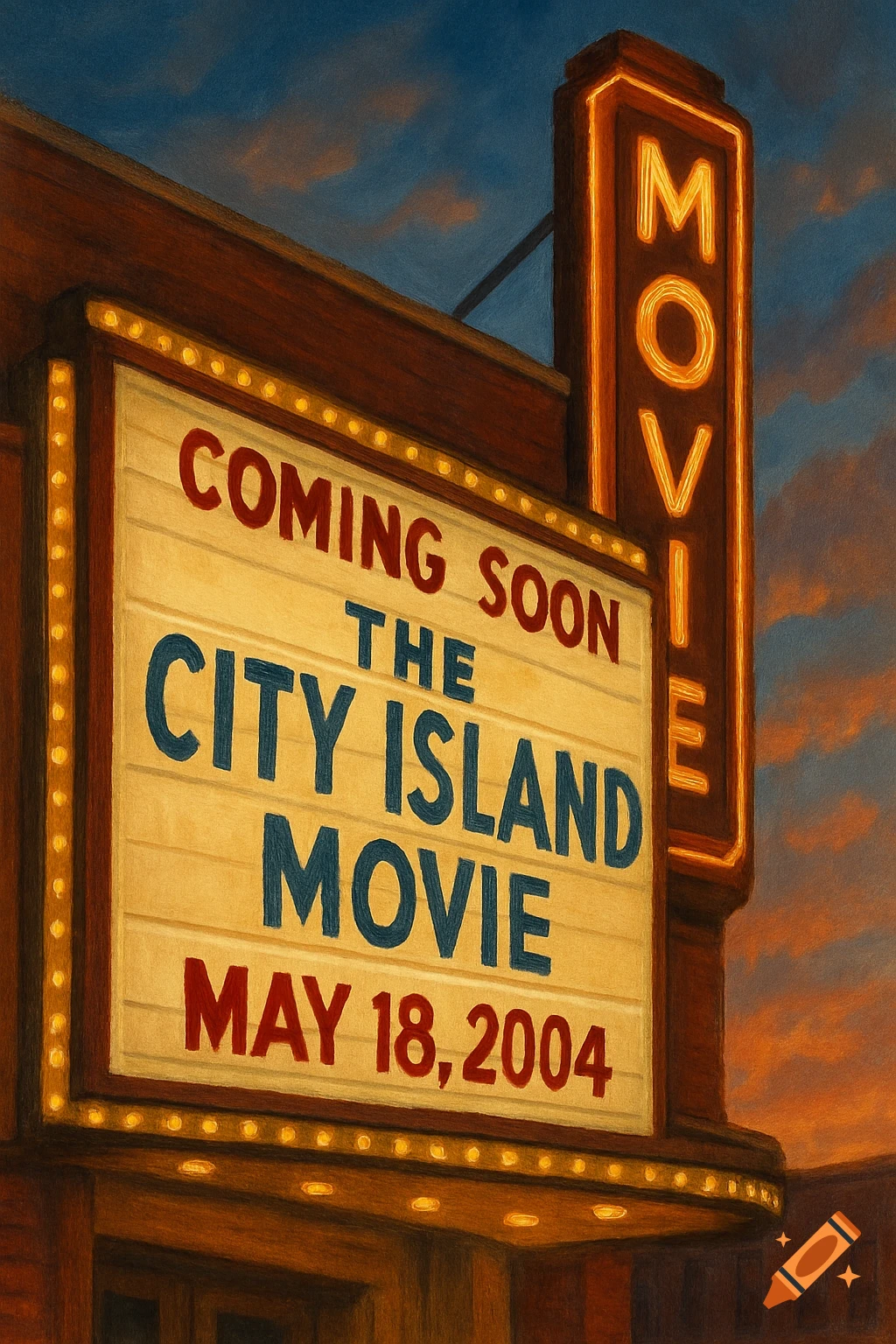 A movie theater marquee displaying 'COMING SOON THE CITY ISLAND MOVIE MAY 18, 2004' and a 'MOVIE' sign, rendered in a drawing style.