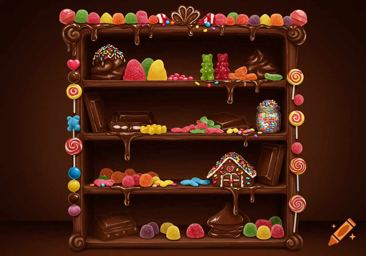 A chocolate shelf filled with various colorful candies like gummy bears, gumdrops, lollipops, and sprinkles.