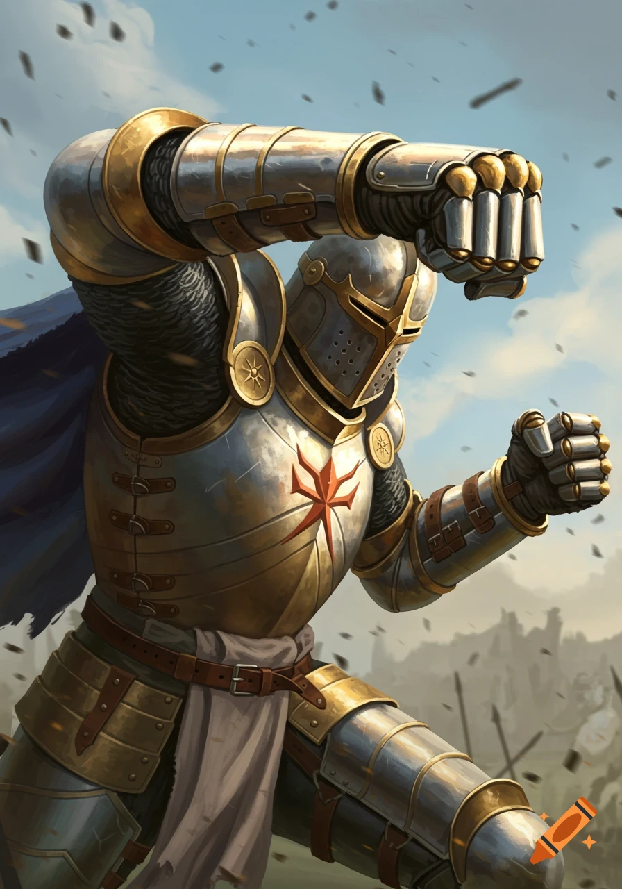 A knight in silver and gold armor throws a punch in a battlefield.