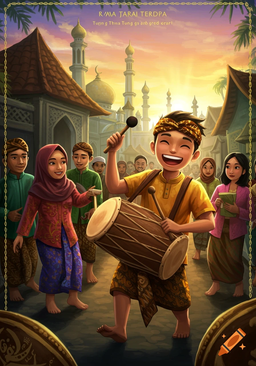 An illustration of a boy playing a drum in a festive street scene with other people and mosques.
