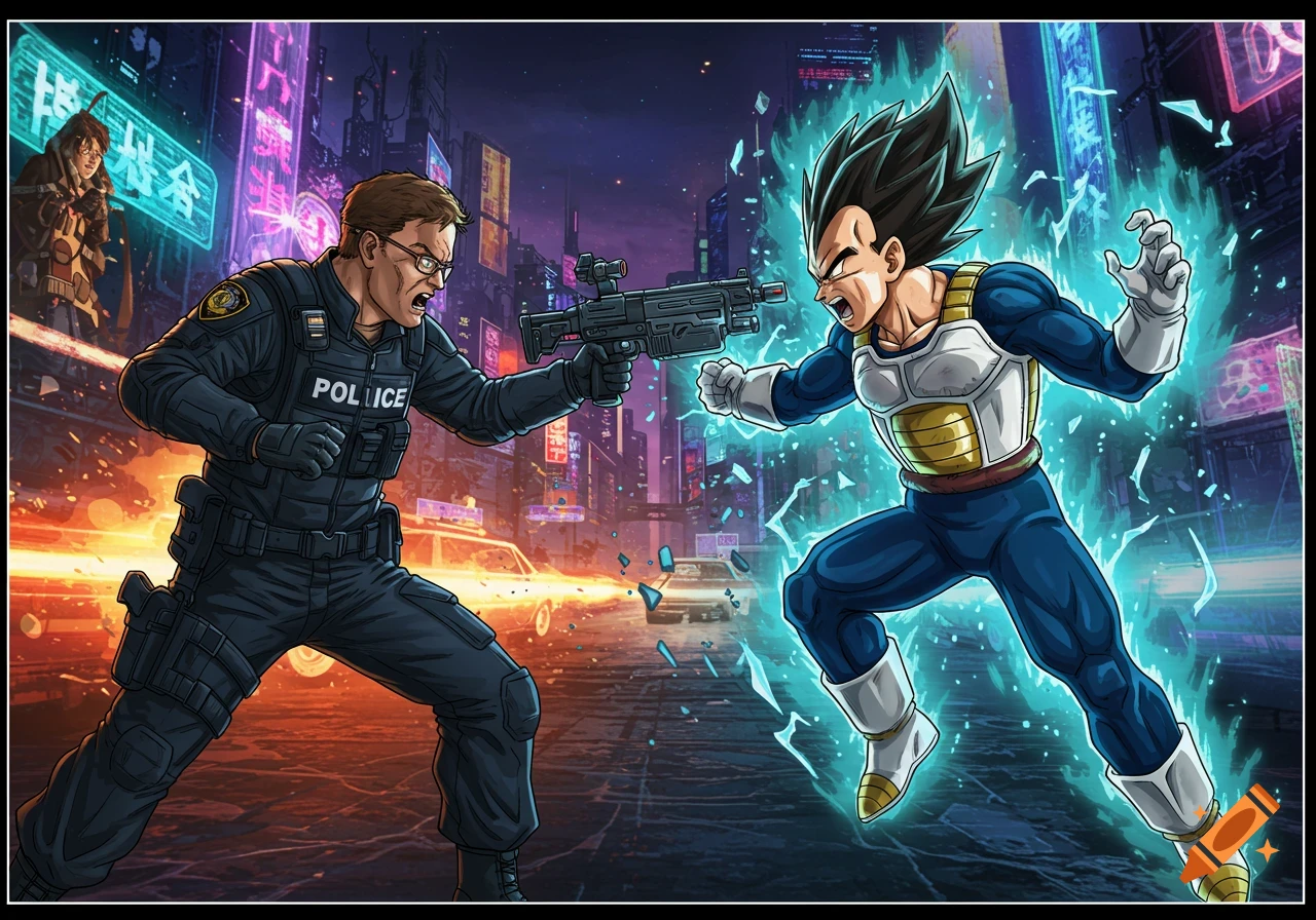Comic book illustration of a police officer pointing a gun at Vegeta glowing blue in a cyberpunk city street at night.