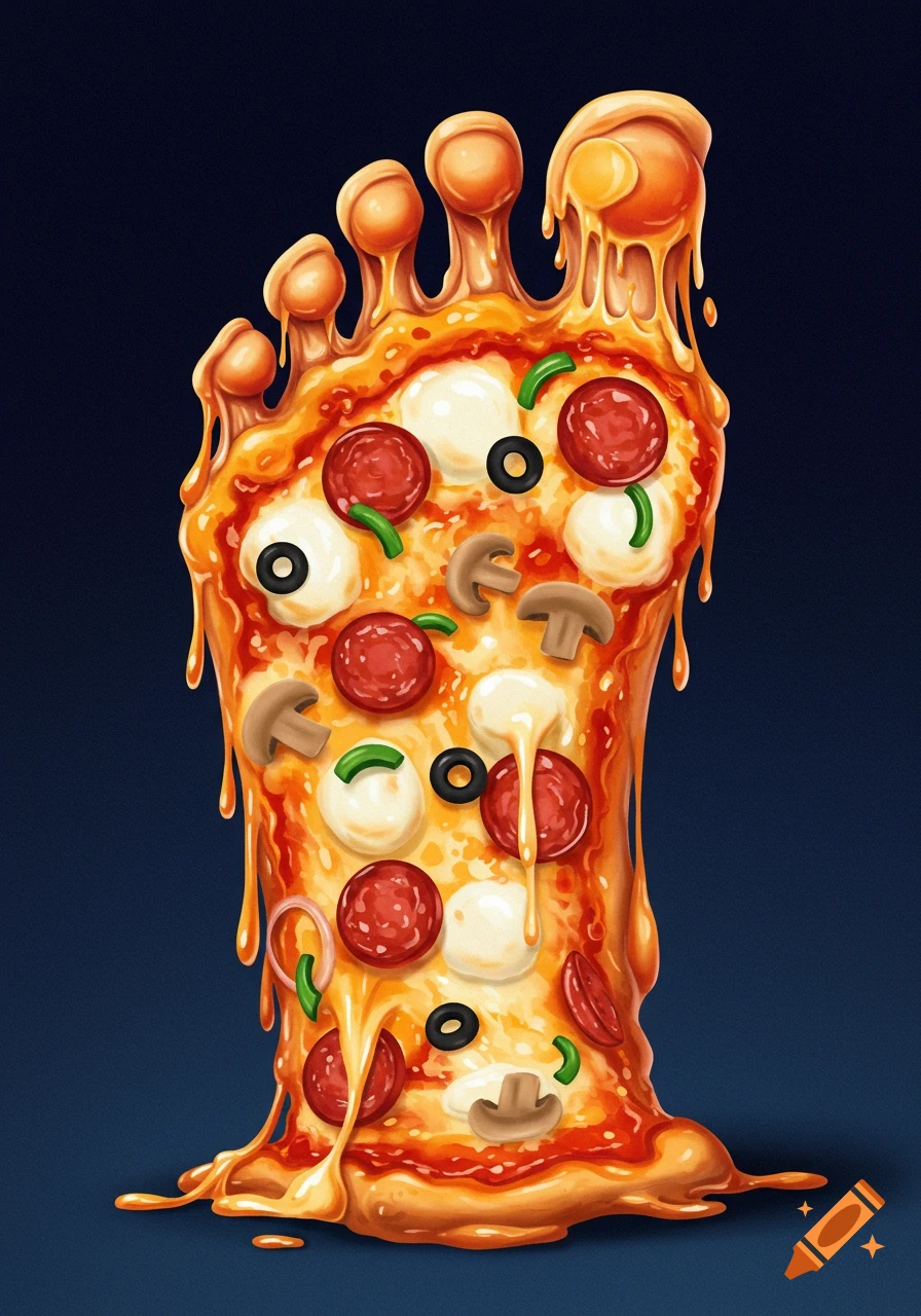 A foot made of hot, dripping pizza with pepperoni, mushrooms, olives, and cheese.