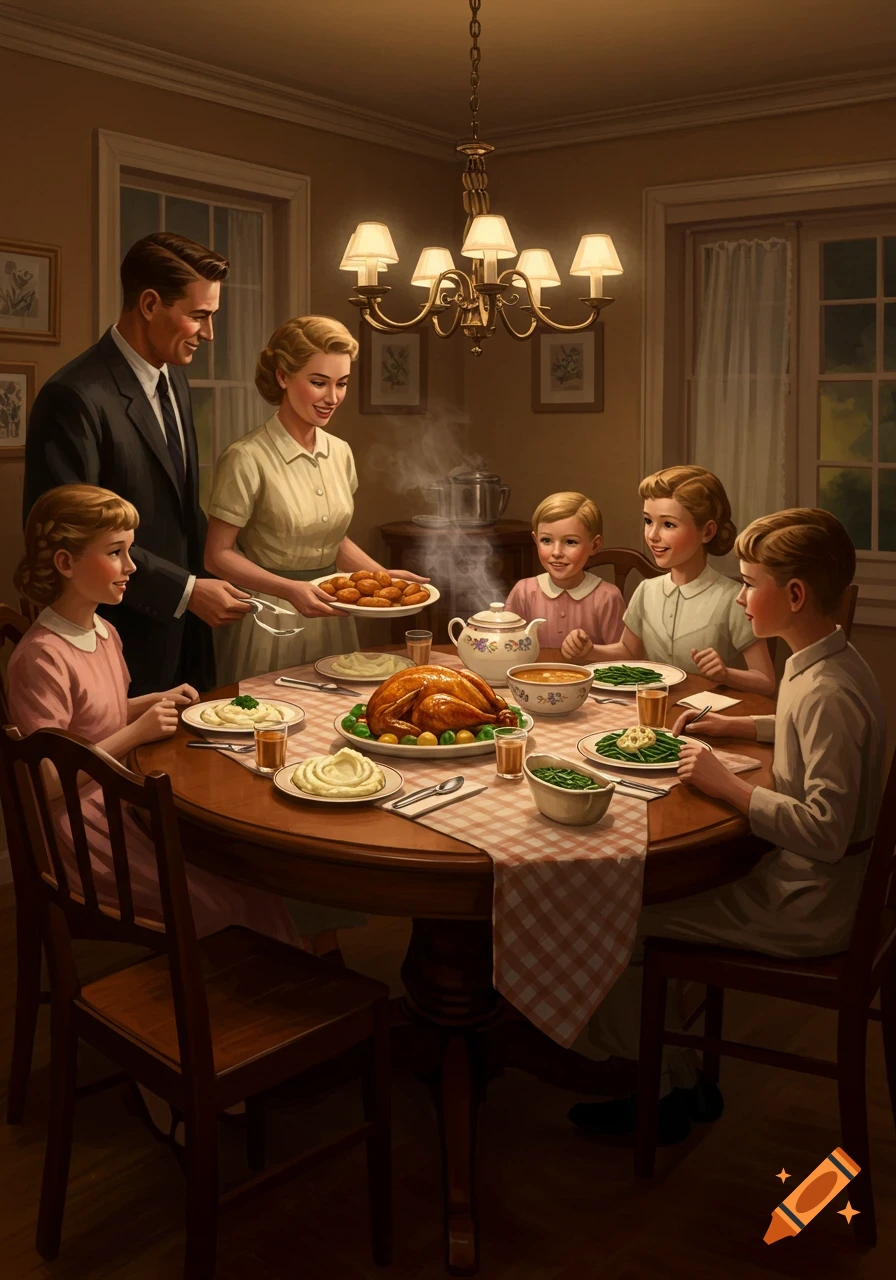 Family gathered around a table for a dinner, vintage illustration style.