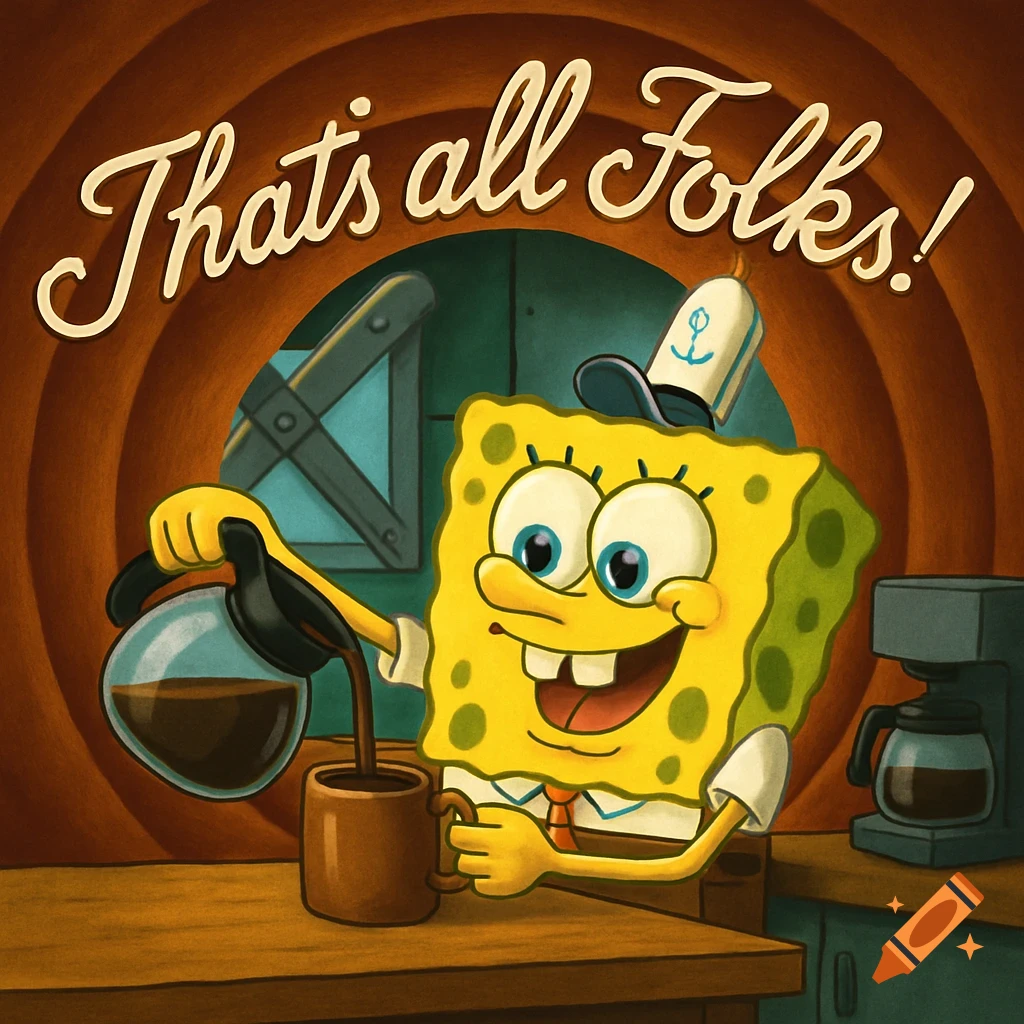 Spongebob Squarepants pours coffee into a mug under the text 'That's all Folks!' in a cartoon style.