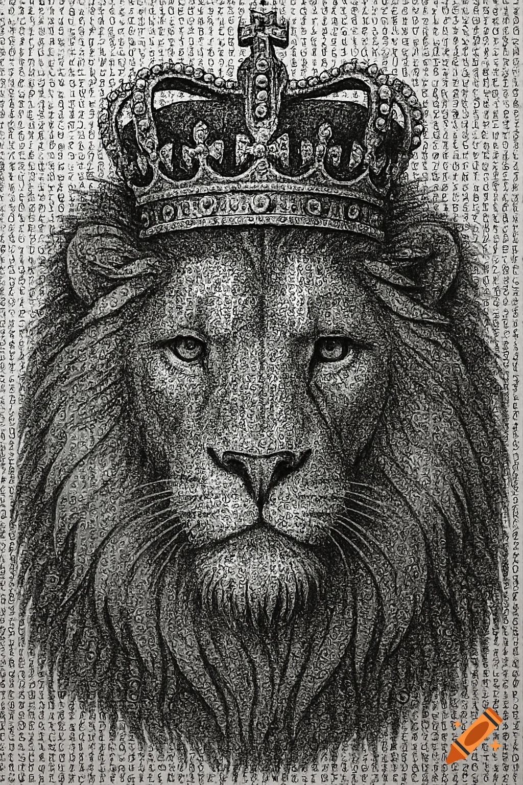 Close-up drawing of a lion wearing a crown, made of small characters.