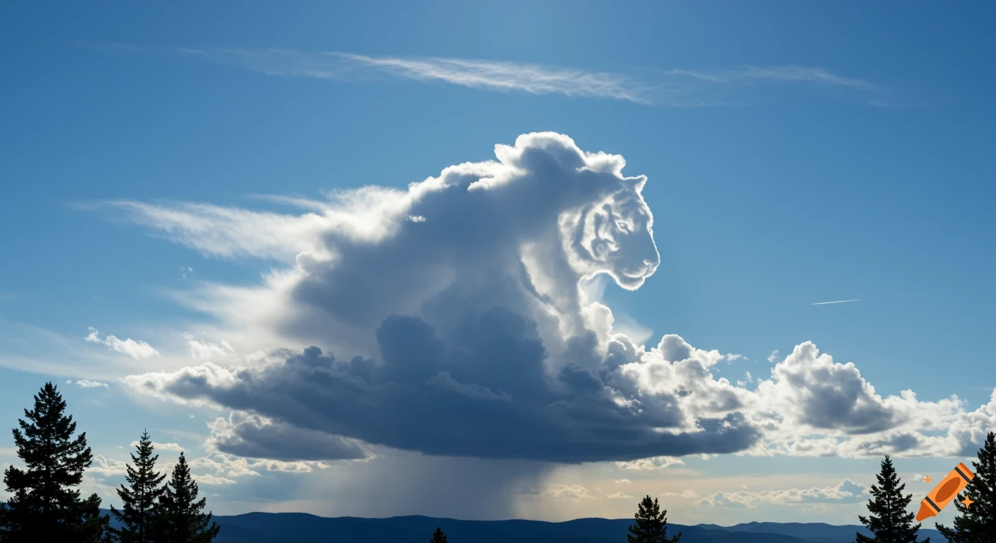 A large cloud shaped like a tiger head in a bright blue sky over distant mountains and pine trees.