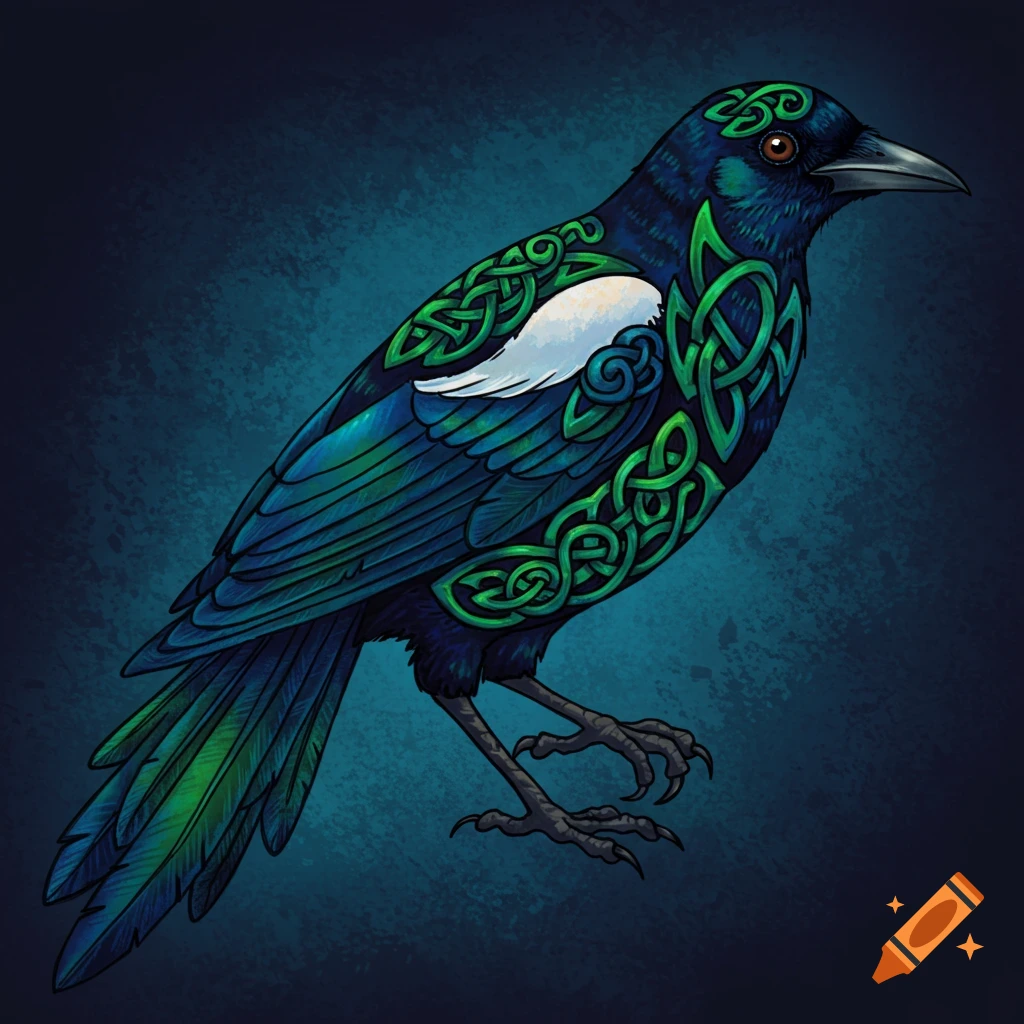 Stylized illustration of a magpie with green Celtic knot patterns.
