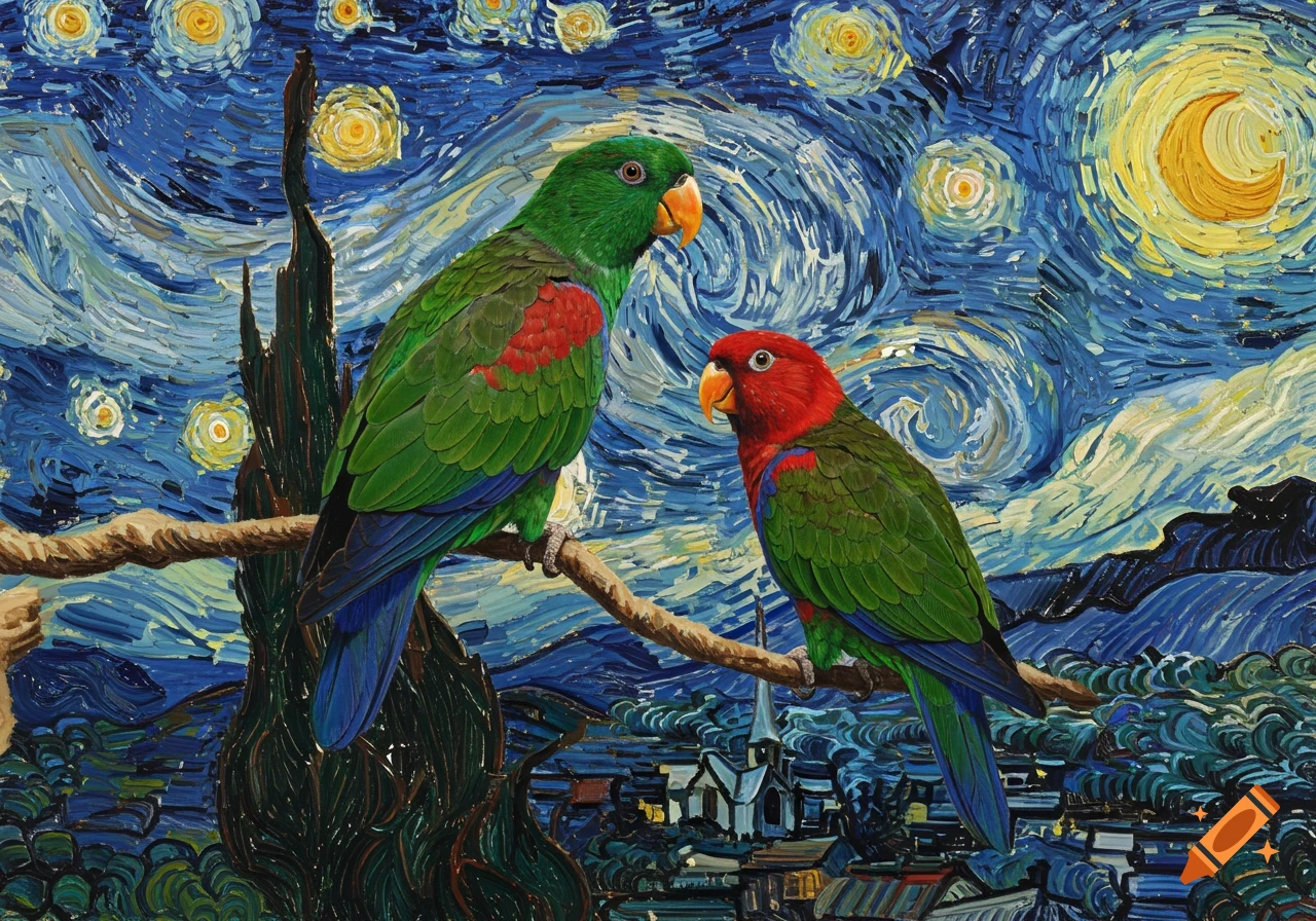 Two parrots perch on a branch against a swirling night sky and landscape in the style of Van Gogh's Starry Night.