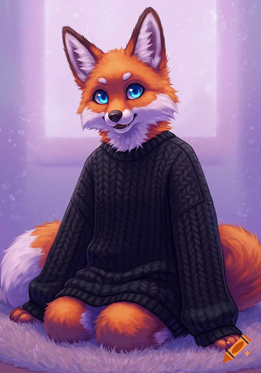 A furry fox character wearing a black cable knit sweater, digital illustration