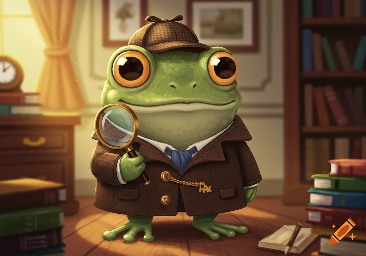 A cute cartoon frog dressed in a detective coat and hat, holding a magnifying glass in a library.