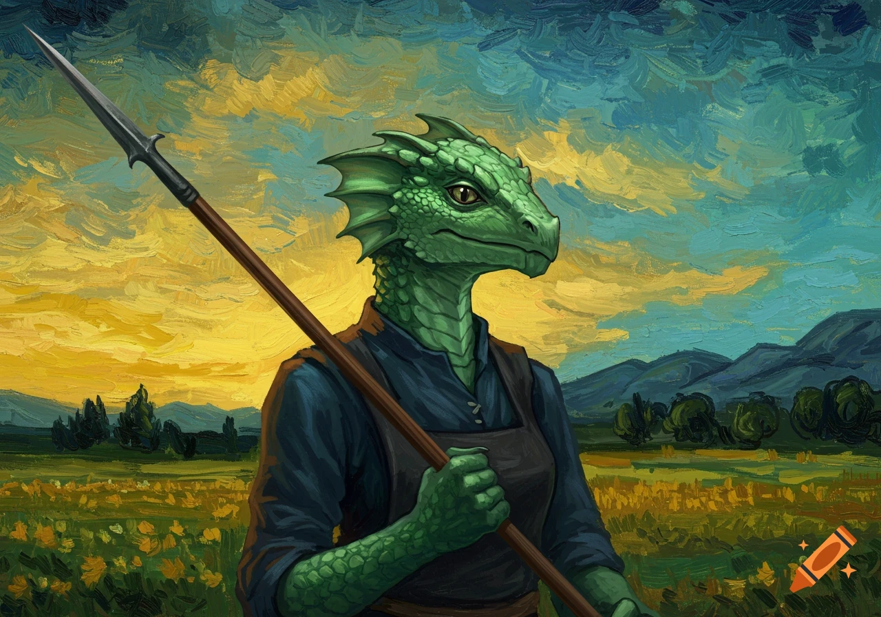 A Van Gogh-style painting of an Argonian holding a spear in a field at sunset.