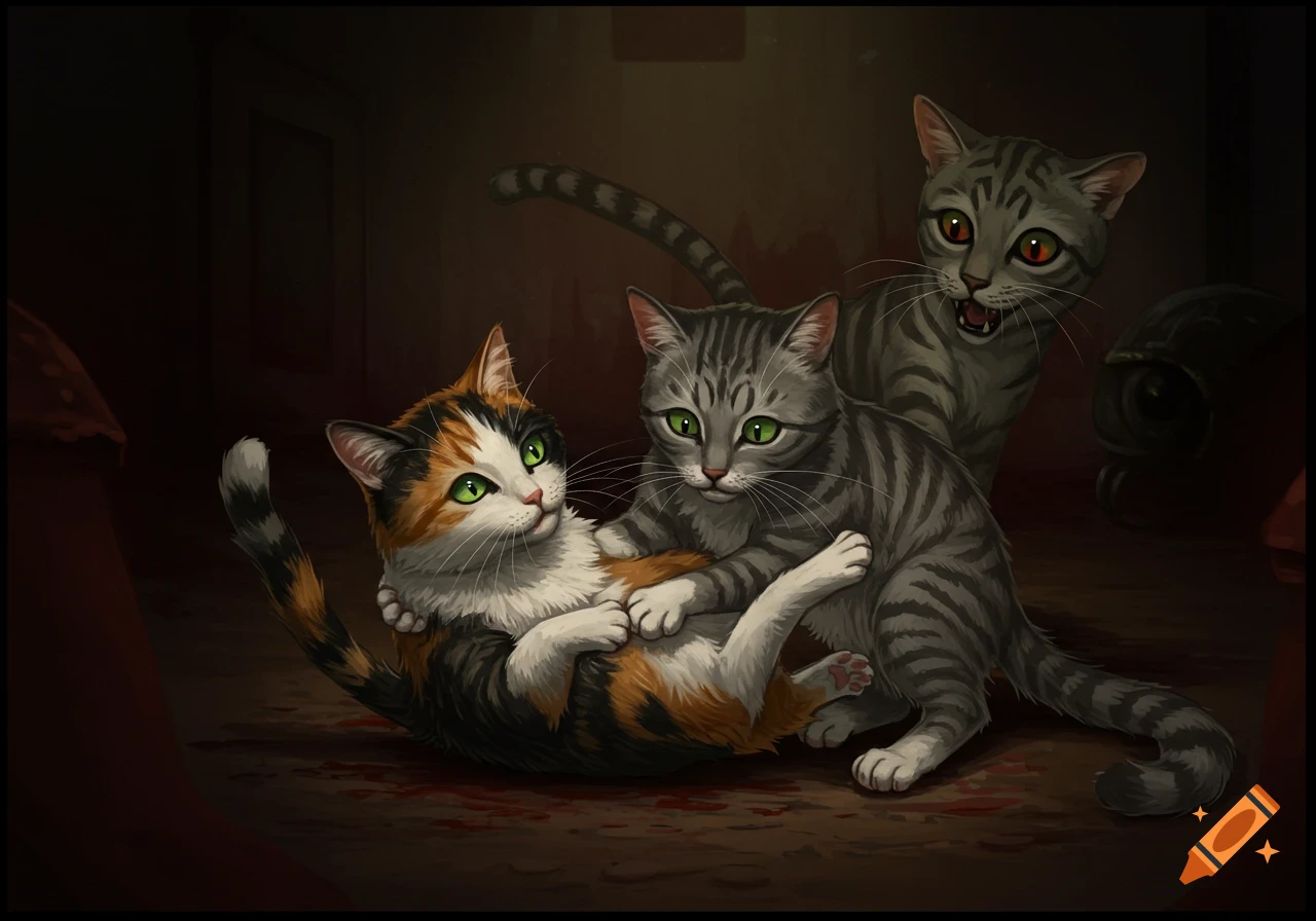 Three cats in a dark room, two playing while a third cat stalks from behind. Mild blood splatter on the floor.
