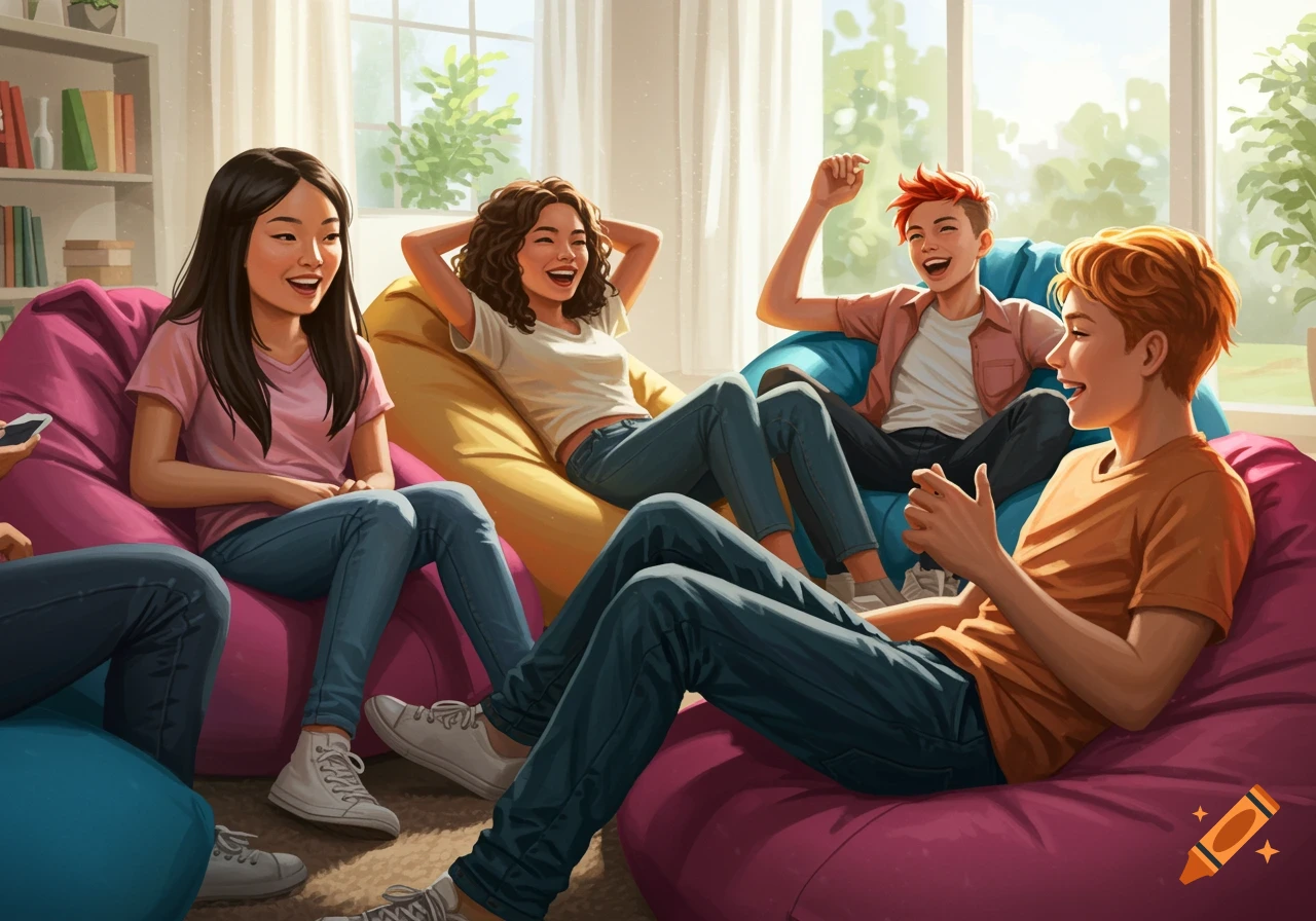 Realistic illustration of happy teenagers sitting on colorful bean bags