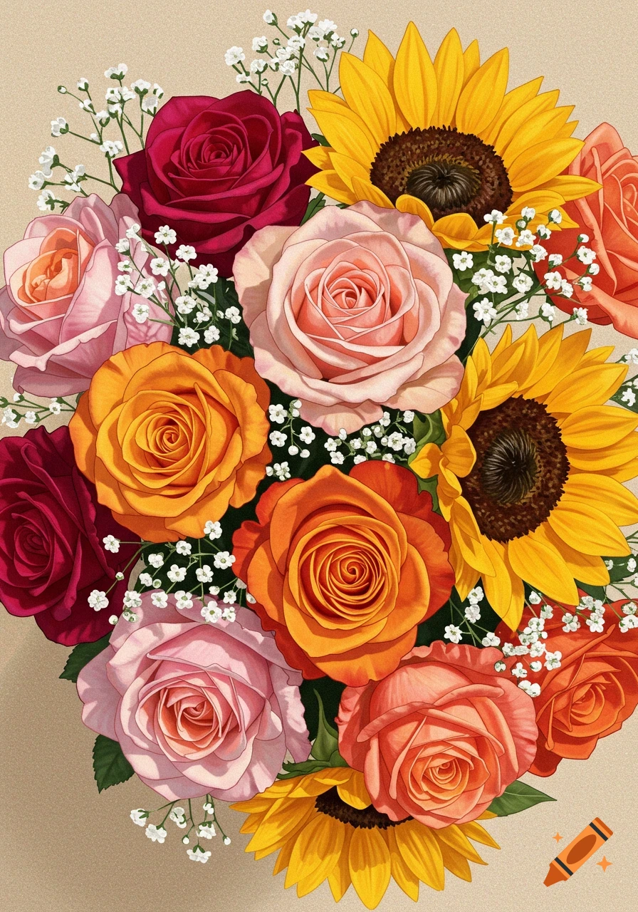 A vibrant bouquet of red, pink, and orange roses with yellow sunflowers and baby's breath in an illustrative style.