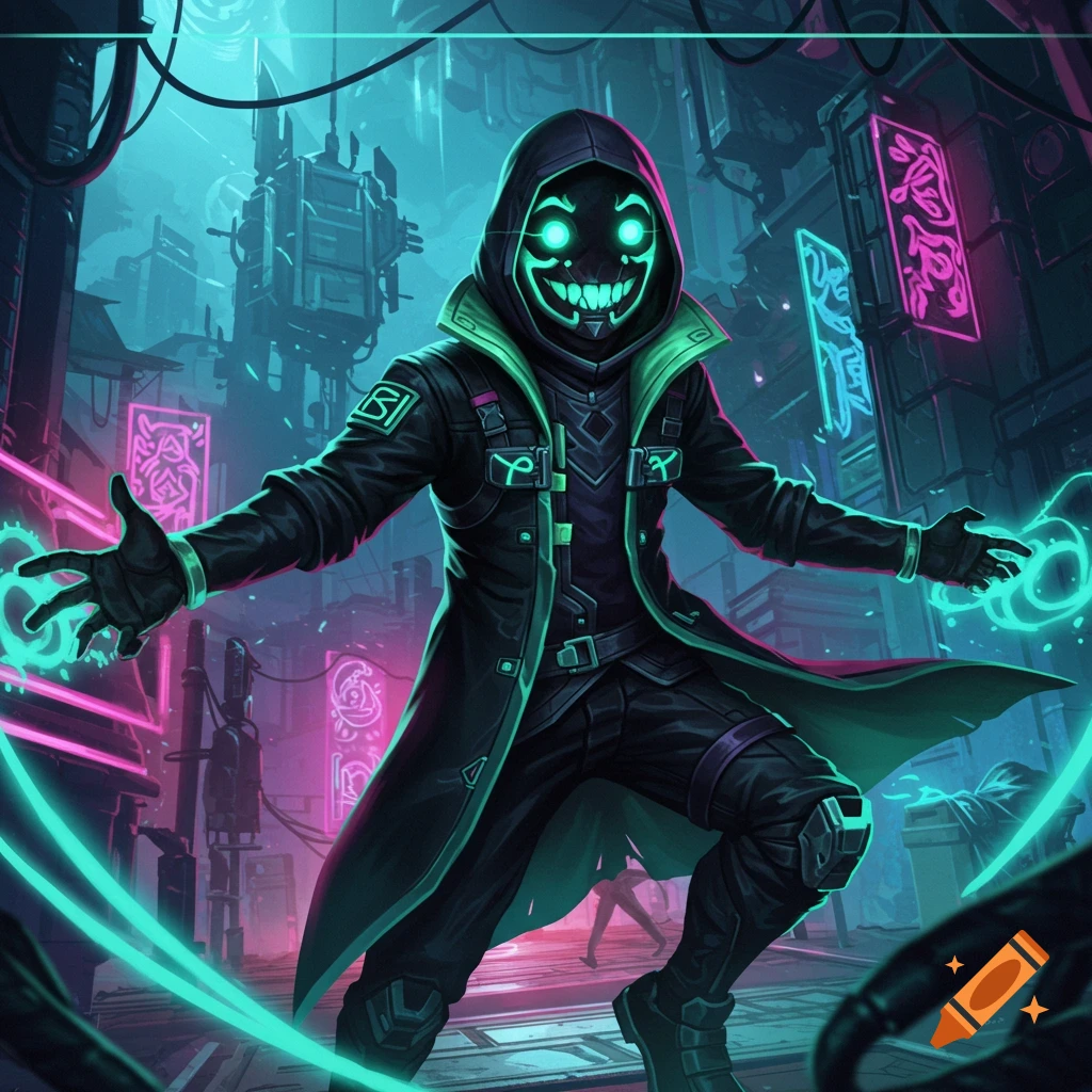 A hooded figure with a glowing mask stands in a neon cyberpunk city ...