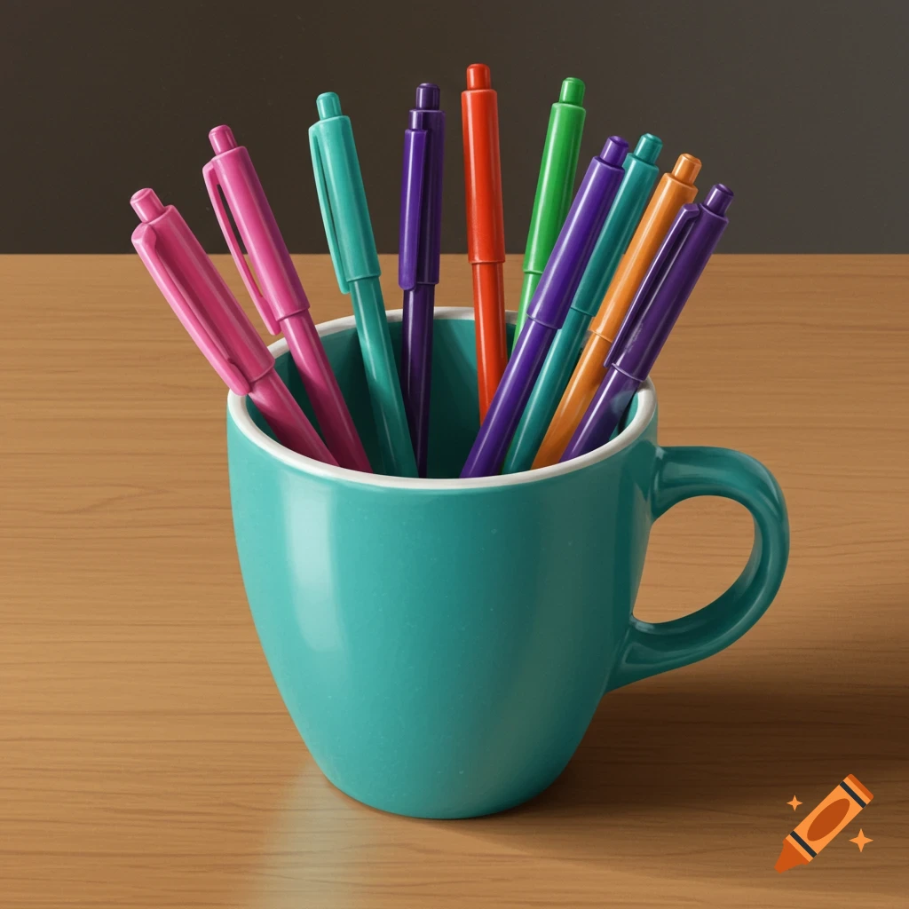 A turquoise cup filled with colorful pens sits on a wooden desk.