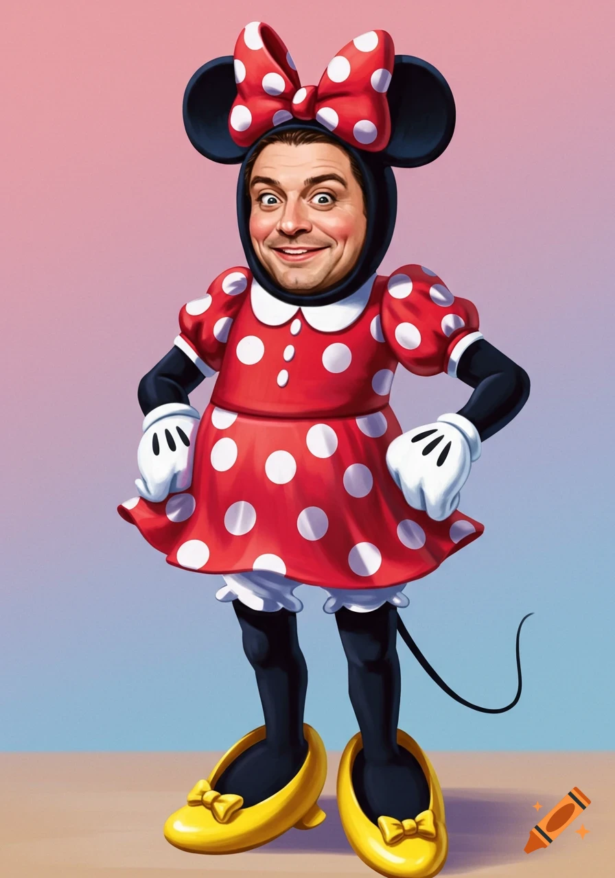 Illustration of a man wearing a red and white polka dot Minnie Mouse costume with large ears and bow, white gloves, and yellow shoes.