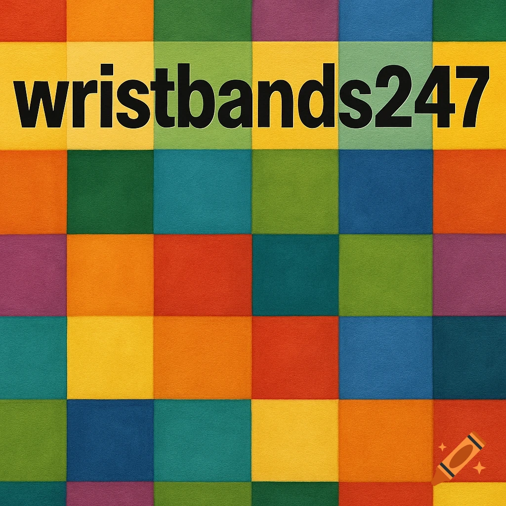 A multi-colored checkerboard pattern with the text "wristbands247" overlaid in black.