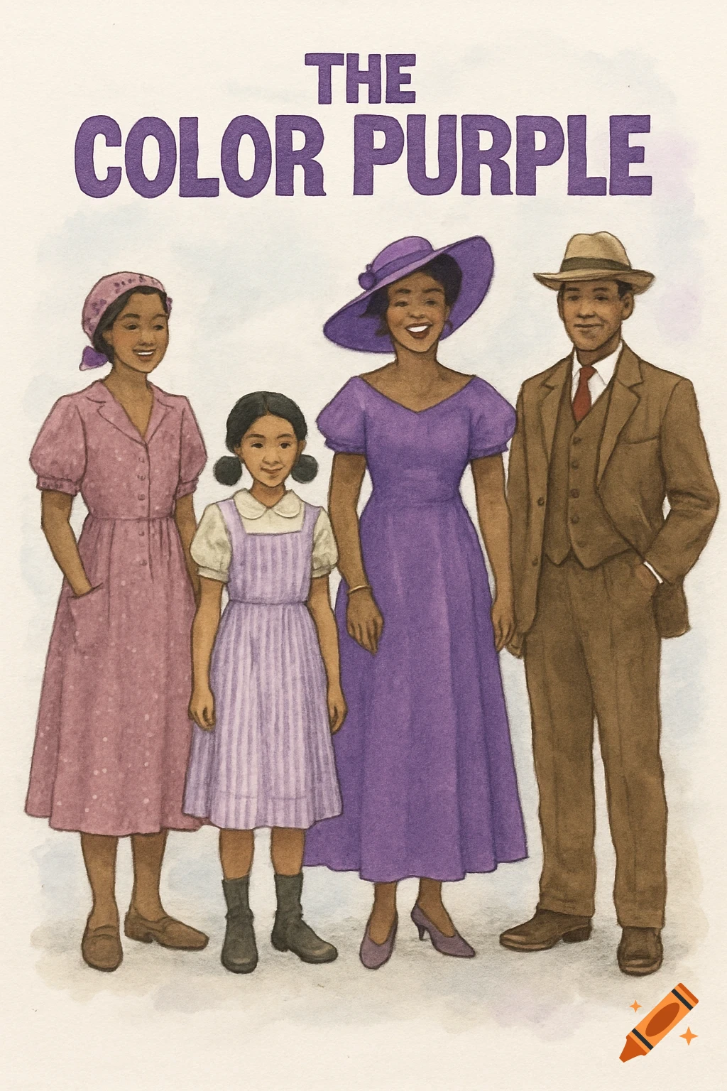 Watercolor illustration of four people in period costumes for The Color Purple, with a partial title above.