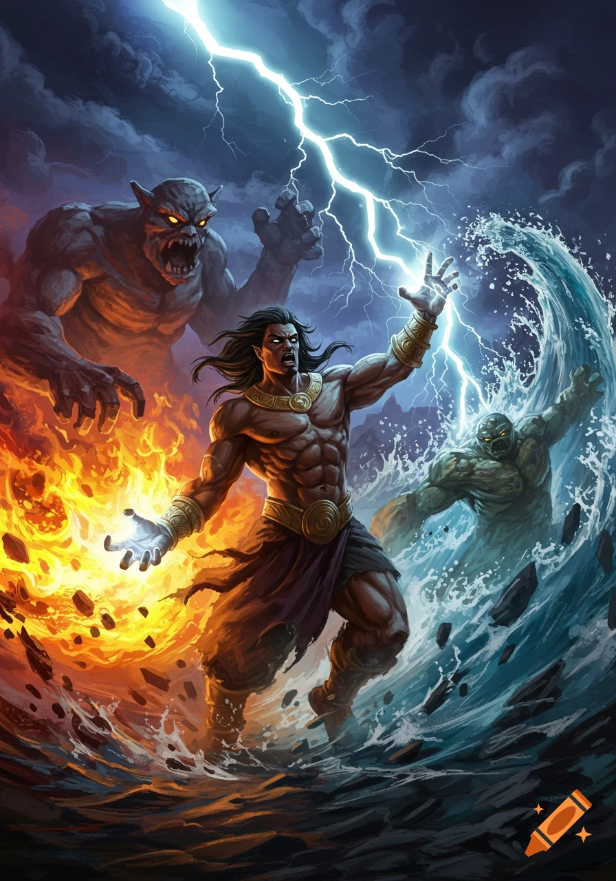 Fantasy art of a muscular hero battling fire and water monsters with lightning.