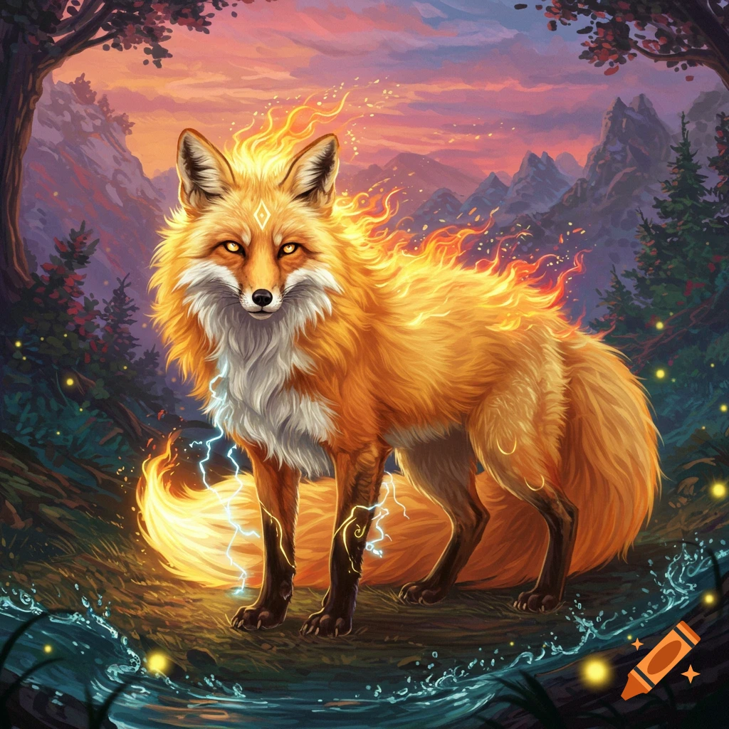 A golden fox with fire and lightning stands in a forest at sunset, fantasy art.
