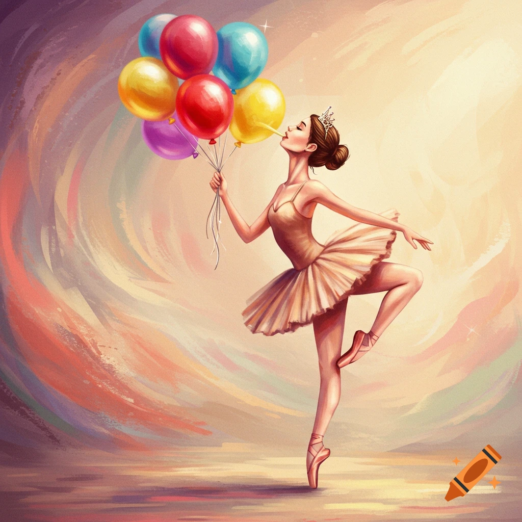 A ballerina in a tan tutu dances en pointe while holding a bunch of colorful balloons, depicted in a vibrant digital painting style.