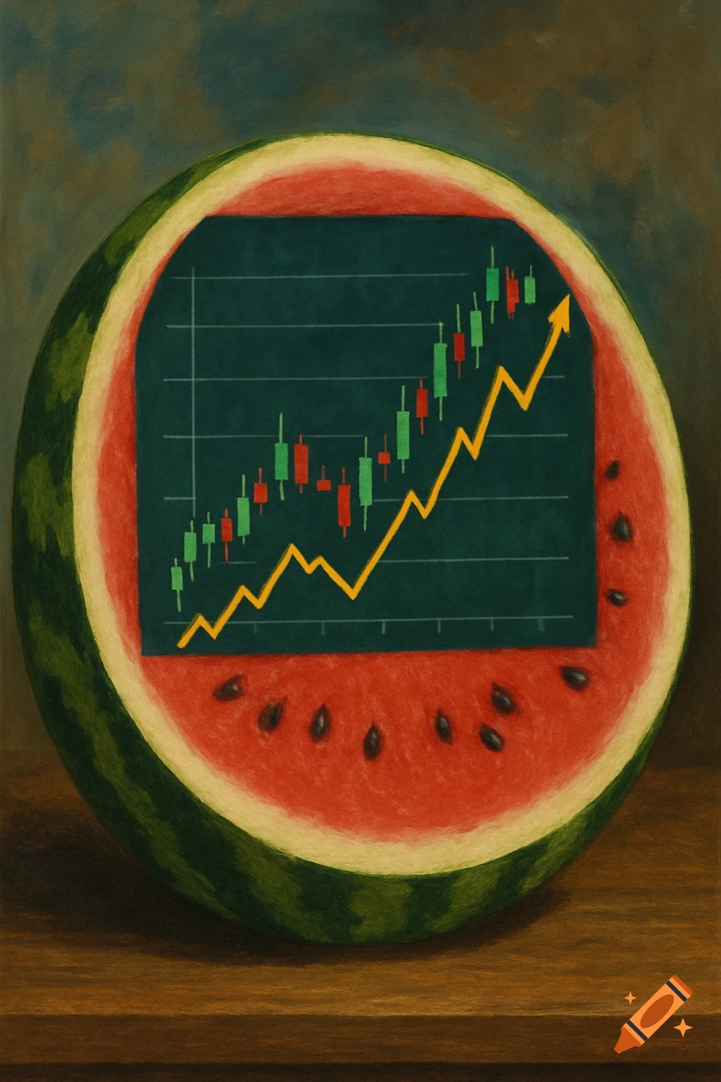 A cross-section of a watermelon contains a green stock market chart with a yellow upward trending line and red and green candlesticks, rendered in a painterly style.