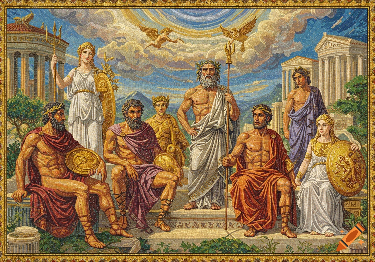Mosaic depicting several Greek gods and goddesses in a classical scene with buildings and angels.