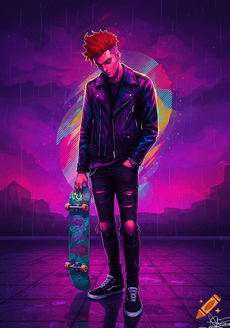 Stylized illustration of a person in a leather jacket holding a skateboard in a synthwave setting.